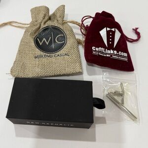 Elegant Set of Silver Tie Clips, Black & Silver Cuff Links and Lapel Pin NWT